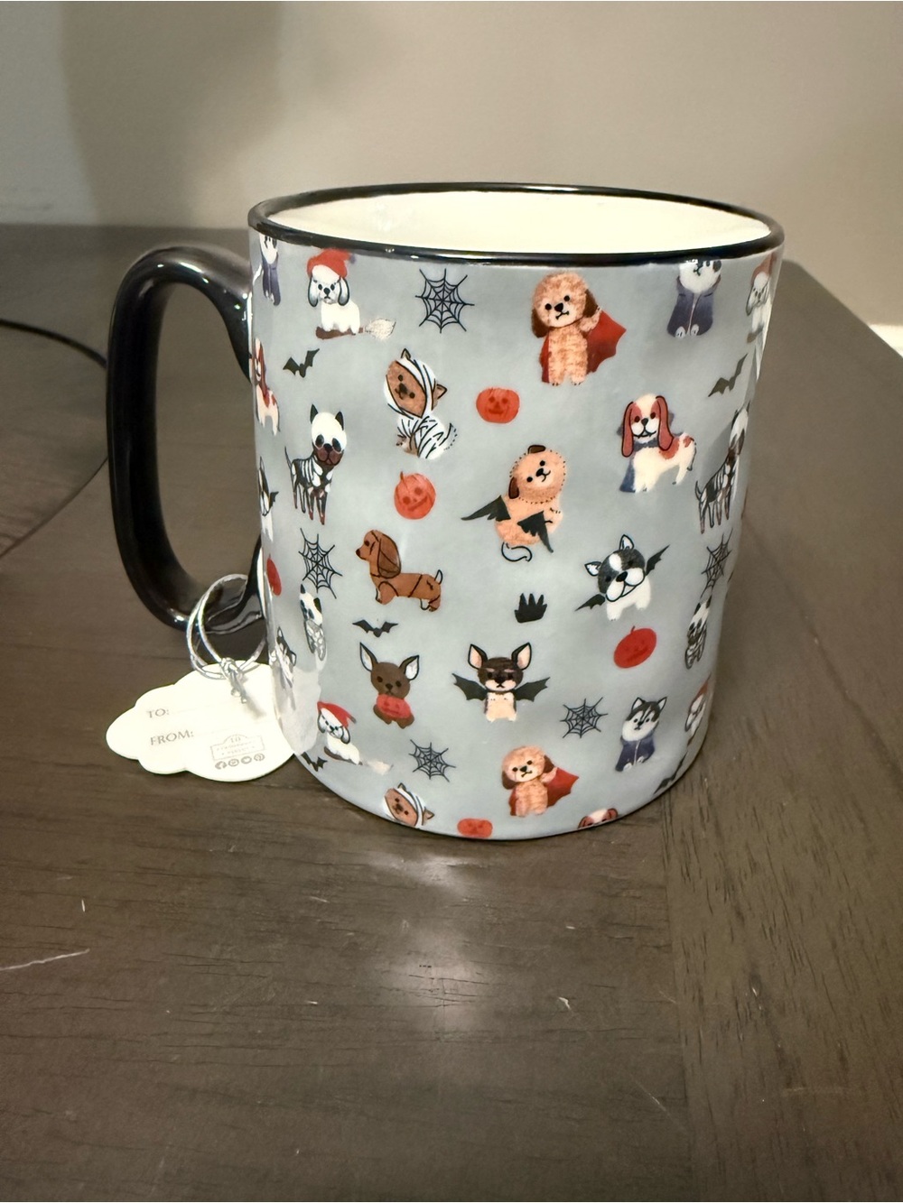 NWT Halloween Cute Dog Pattern Ceramic Mug in Light Gray with Black Handle